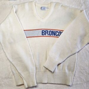 Vtg Cliff Engle Broncos Cream V Neck wool Blend Sweater Size Large Mens